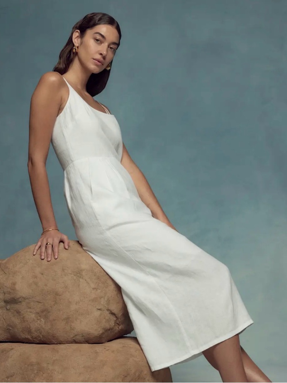 100% European Linen Scoop Neck Midi Dress - white
